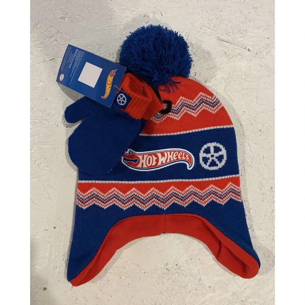 Hot Wheels Kids Size OS Blue Red Hot Flames‎ Wheels Gloves Beanie Hat Set